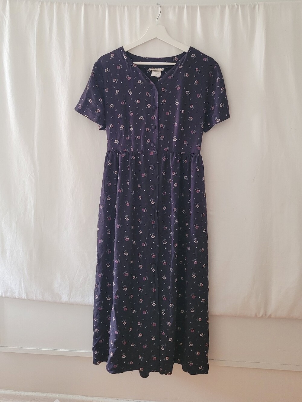 L.L. Bean Navy Midi Dress with Pink Floral Motif